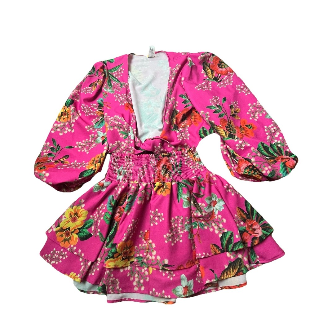 Agua Bendita Vega Paradizzo Pink Floral Tie Front Top and Smocked Skirt Set M